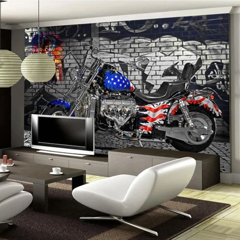 3D Stereo Motorcycle Brick Wall Graffiti