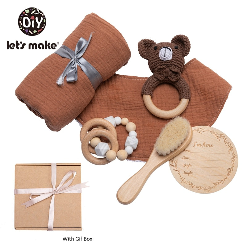 Baby Towel Bath Set Gift Box Cotton Blankets Newborn Milestone Cards Wooden Ring Rabbit Rattle Infant Brush For Baby Birth Gift