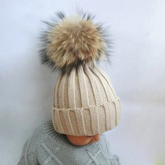 Children Winter Real Fur Pompom Beanie Hat Scarf