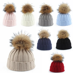 Children Winter Real Fur Pompom Beanie Hat Scarf