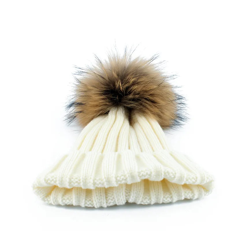 Children Winter Real Fur Pompom Beanie Hat Scarf