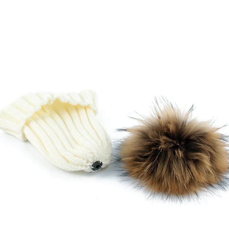 Children Winter Real Fur Pompom Beanie Hat Scarf