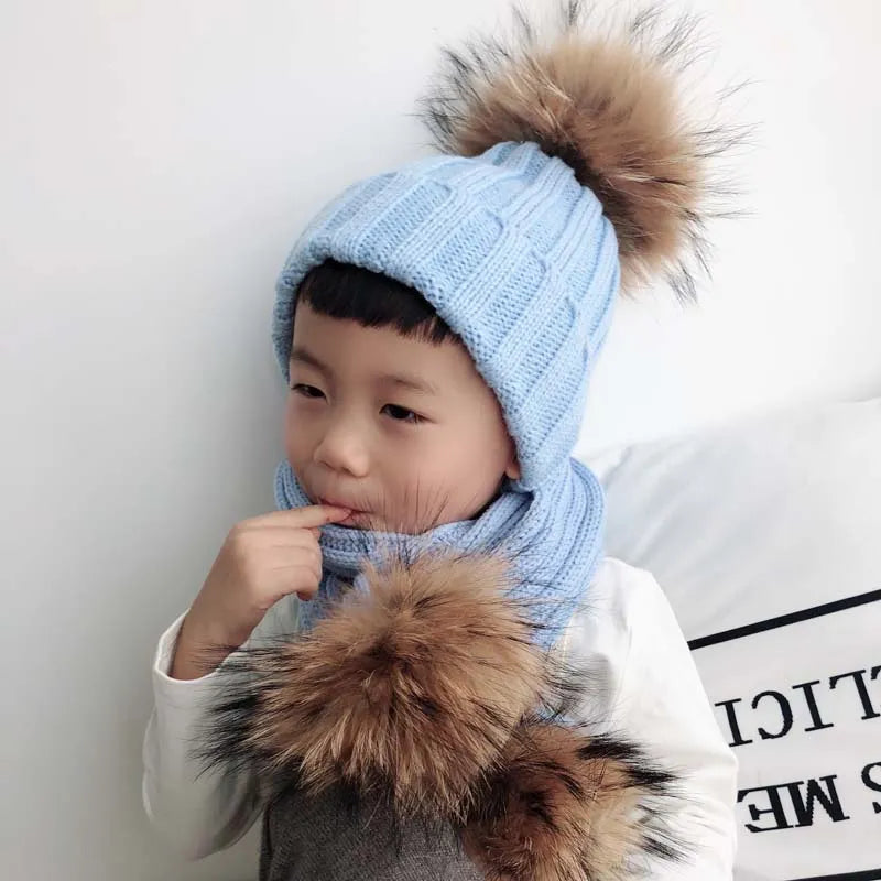 Children Winter Real Fur Pompom Beanie Hat Scarf