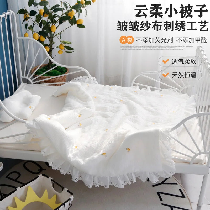 Embroidery White Muslin Cotton Blanket