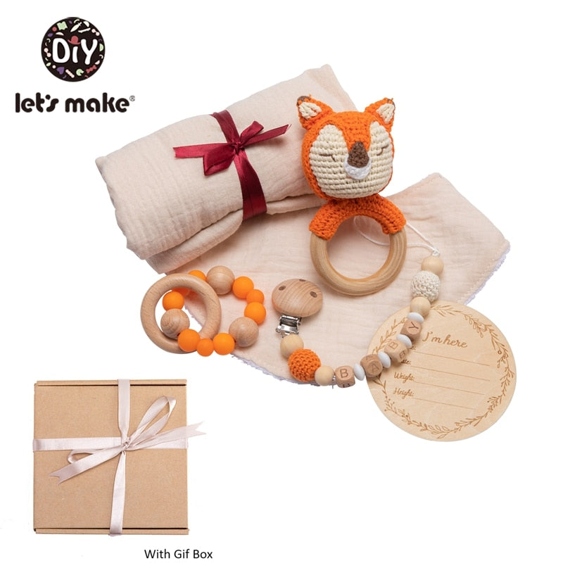 Baby Towel Bath Set Gift Box Cotton Blankets Newborn Milestone Cards Wooden Ring Rabbit Rattle Infant Brush For Baby Birth Gift