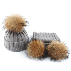 Children Winter Real Fur Pompom Beanie Hat Scarf