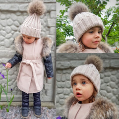 Children Winter Real Fur Pompom Beanie Hat Scarf