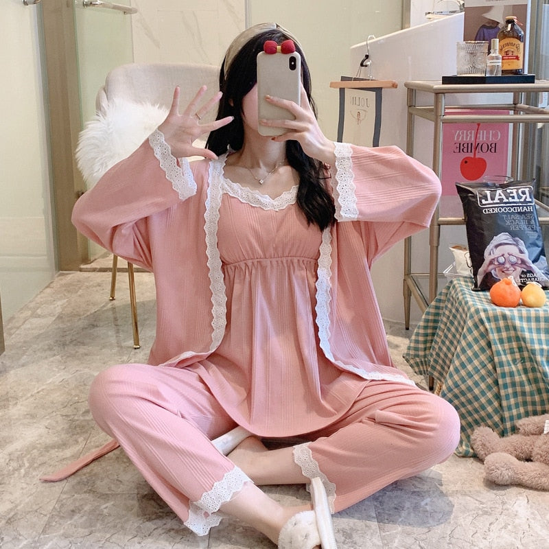 3Pcs/Set 100% Cotton Pregnancy Pajamas Long Sleeve Sleepwear Suit Breast Feeding