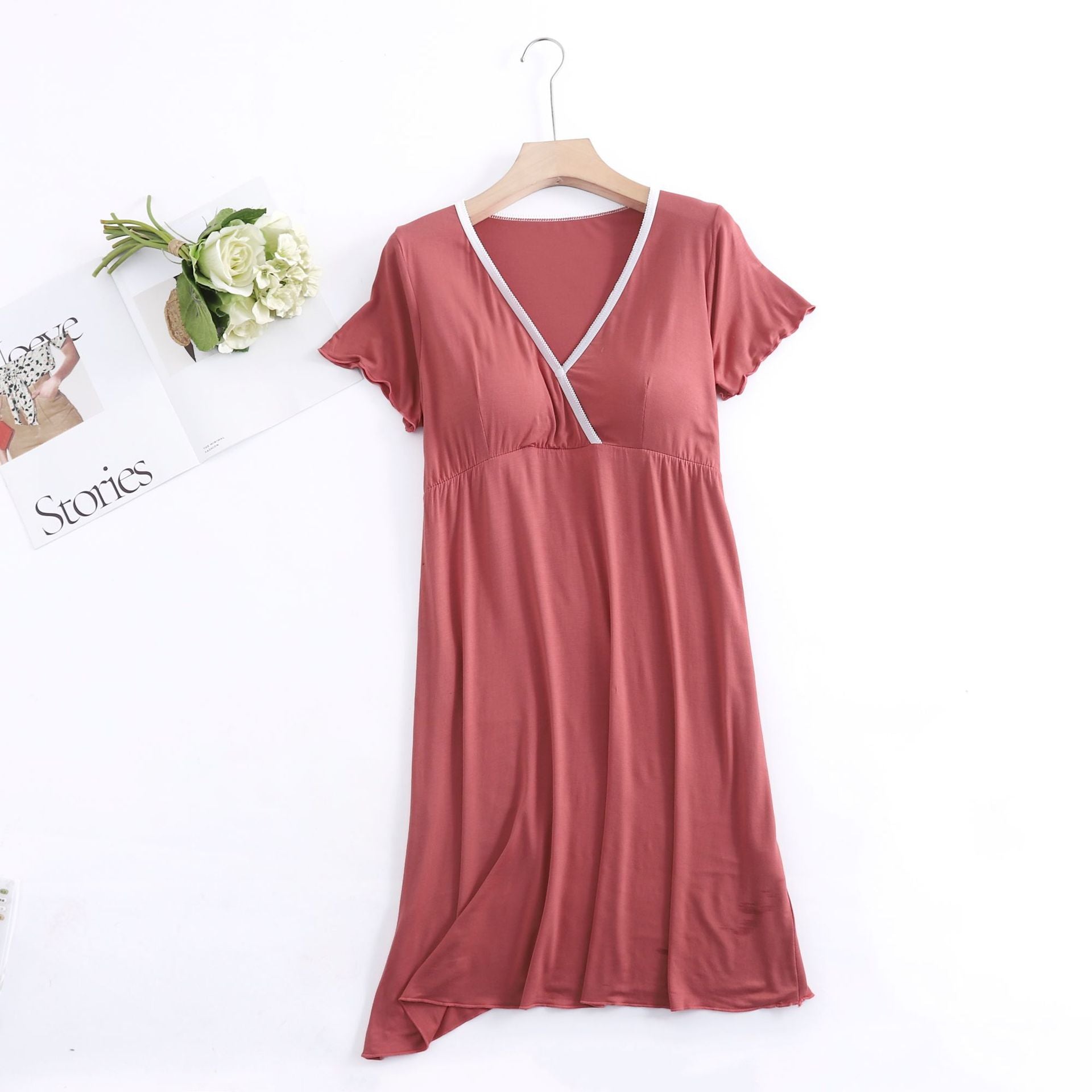 Short-Sleeve Nursing Dress For Pregnant Women Pregnancy Dress Solid Pajama Nightgown