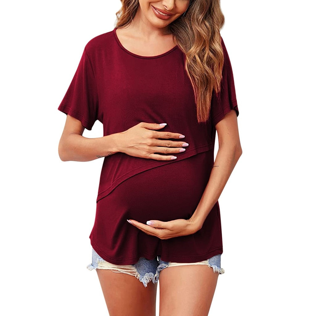 Maternity Crew Neck Solid Color Asymmetrical Flap Tops For Breastfeeding