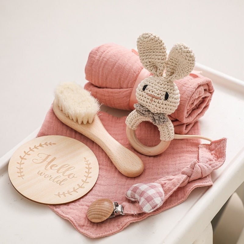 Baby Towel Bath Set Gift Box Cotton Blankets Newborn Milestone Cards Wooden Ring Rabbit Rattle Infant Brush For Baby Birth Gift