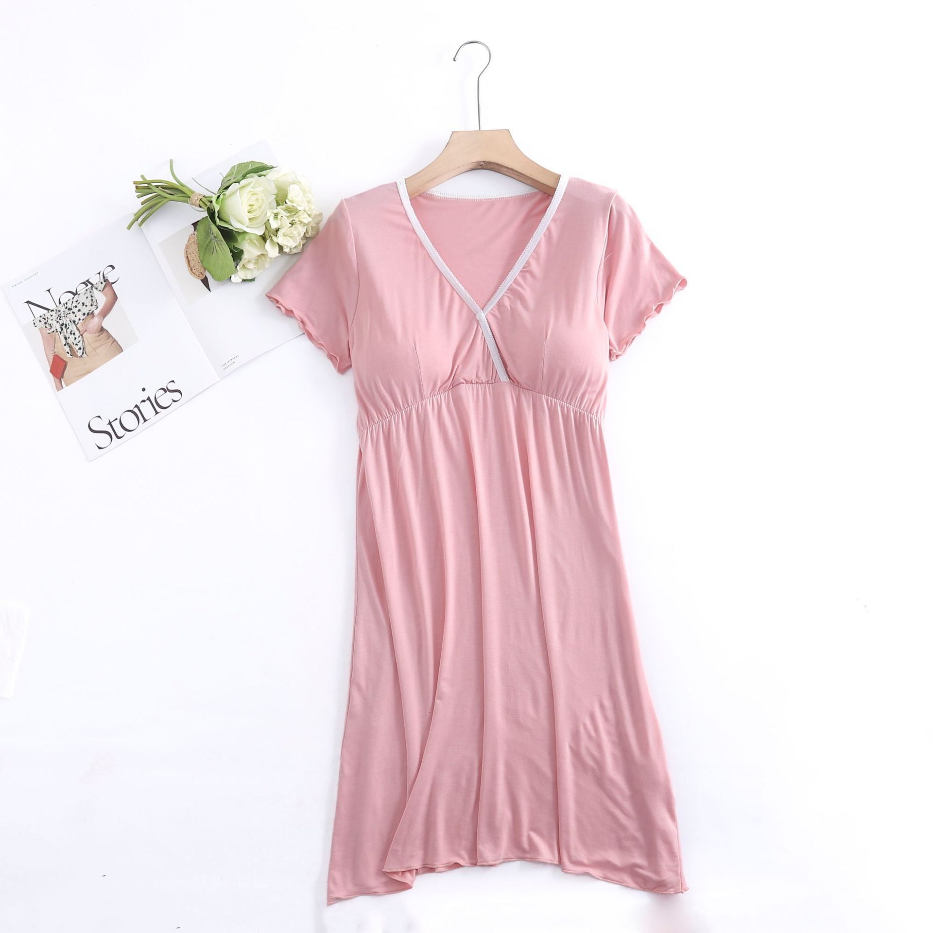 Short-Sleeve Nursing Dress For Pregnant Women Pregnancy Dress Solid Pajama Nightgown