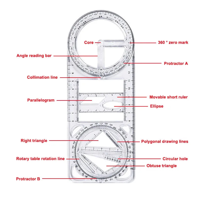 Multi Functional 360 ° Movable Geometric Drawing Ruler