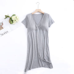 Short-Sleeve Nursing Dress For Pregnant Women Pregnancy Dress Solid Pajama Nightgown