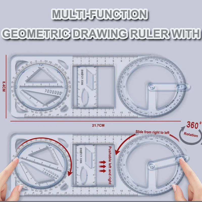 Multi Functional 360 ° Movable Geometric Drawing Ruler