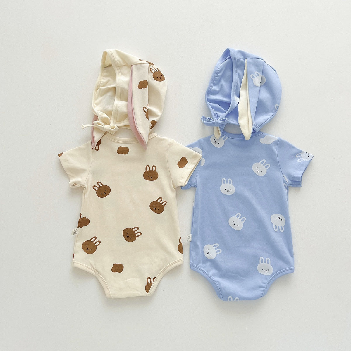 Baby Girls Boys Short Sleeve Infant Newborn Cotton Bodysuits + Bunny-shaped Hat