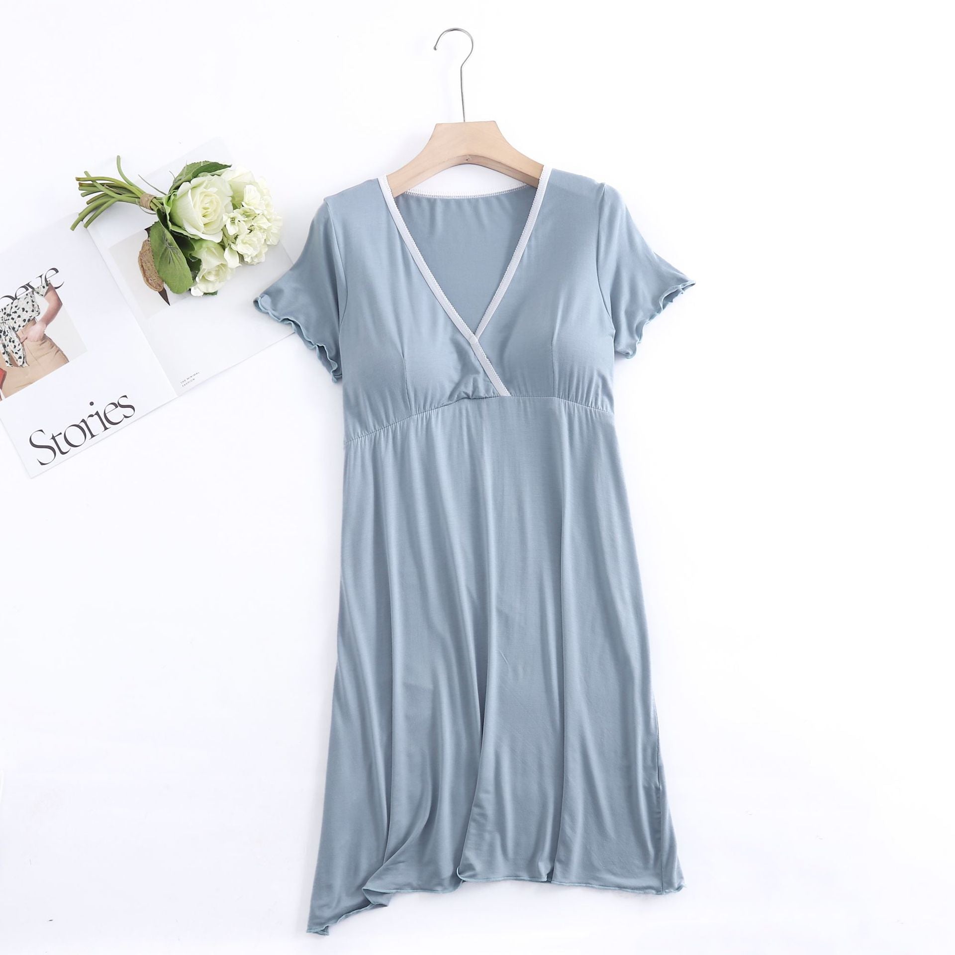 Short-Sleeve Nursing Dress For Pregnant Women Pregnancy Dress Solid Pajama Nightgown