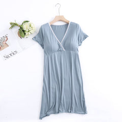 Short-Sleeve Nursing Dress For Pregnant Women Pregnancy Dress Solid Pajama Nightgown