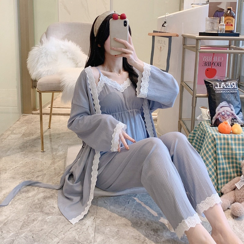 3Pcs/Set 100% Cotton Pregnancy Pajamas Long Sleeve Sleepwear Suit Breast Feeding