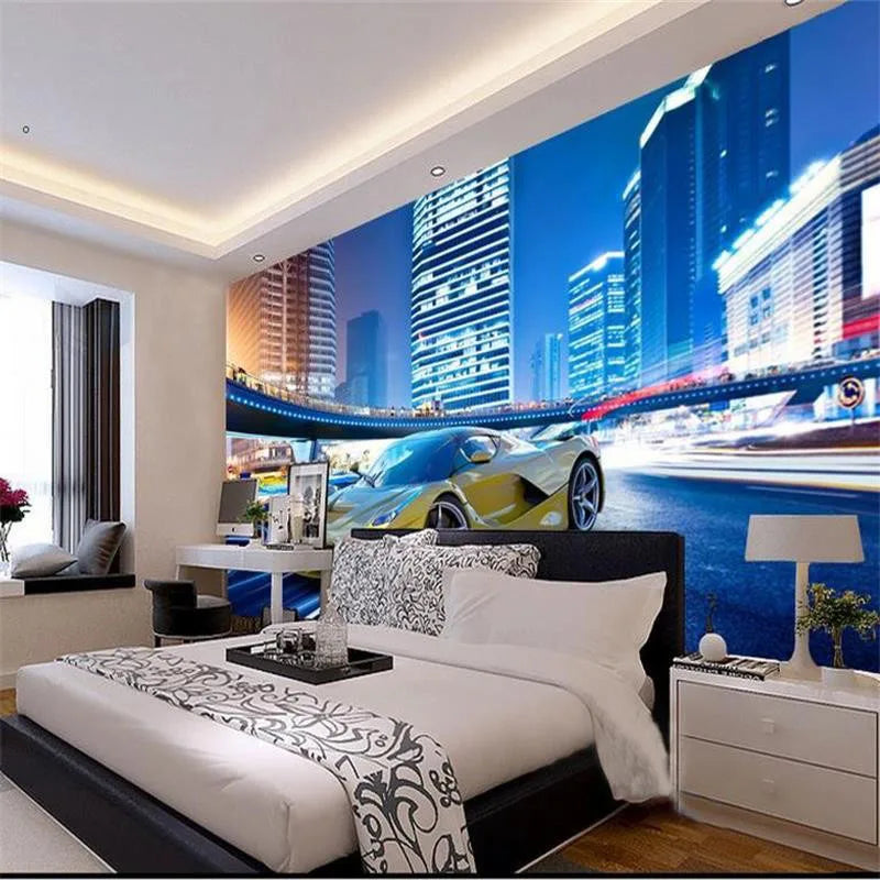 Car City Night Landscape 3D Wall Wallpaper