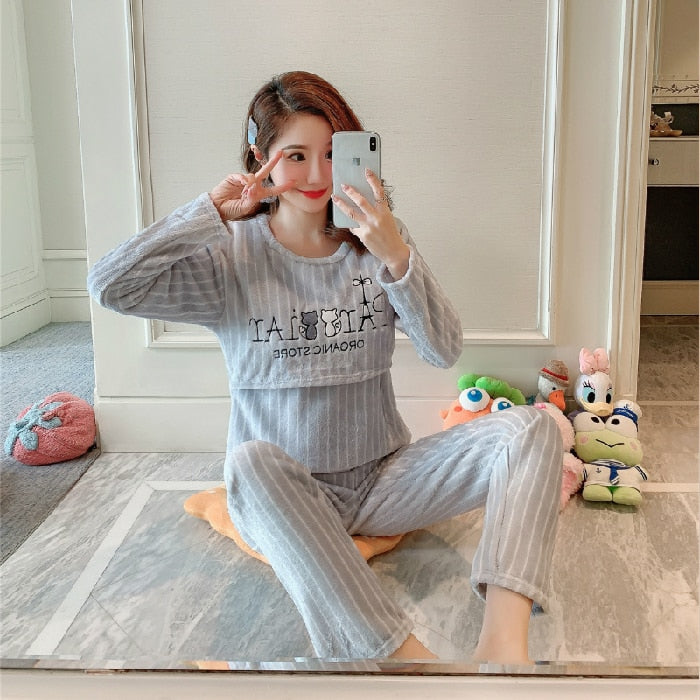 Coral Fleece Pregnant Pajamas Set Warm Maternity Nursing Pregnancy Breastfeeding Home wear