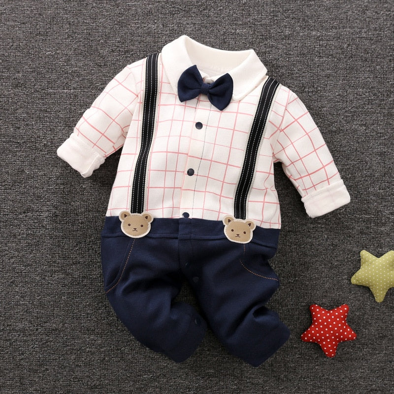 Cotton Baby Boys Romper Infant Gentleman Suit Preppy Style