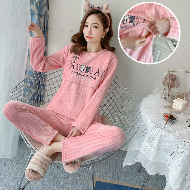 Coral Fleece Pregnant Pajamas Set Warm Maternity Nursing Pregnancy Breastfeeding Home wear