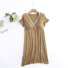 Short-Sleeve Nursing Dress For Pregnant Women Pregnancy Dress Solid Pajama Nightgown