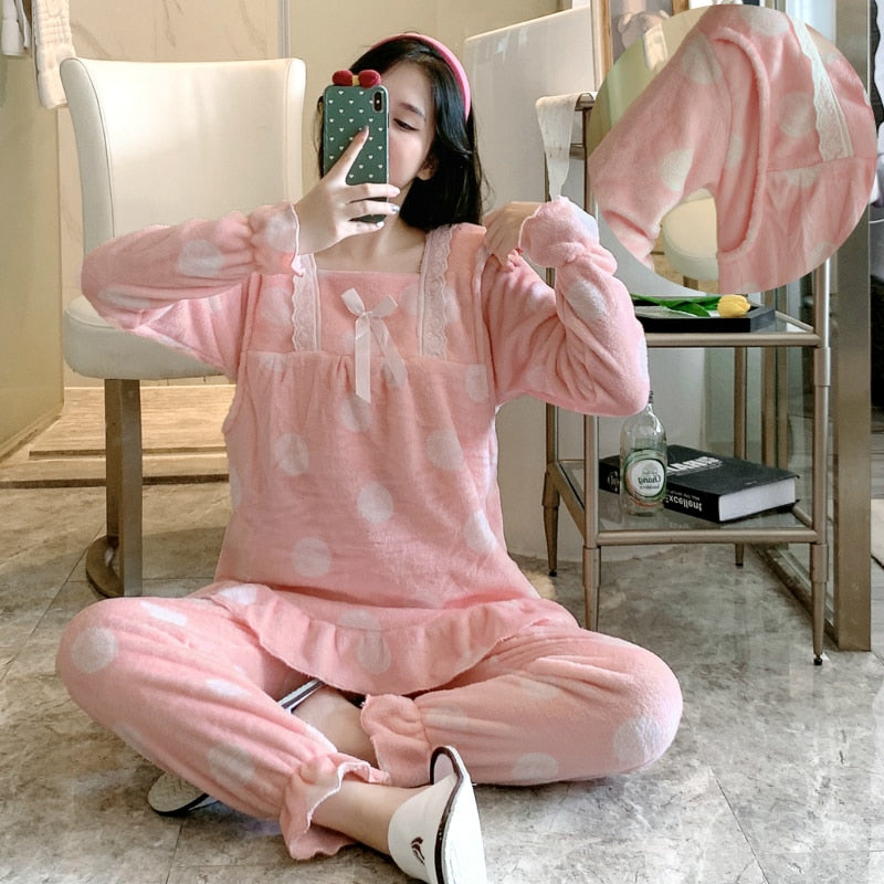 Coral Fleece Pregnant Pajamas Set Warm Maternity Nursing Pregnancy Breastfeeding Home wear