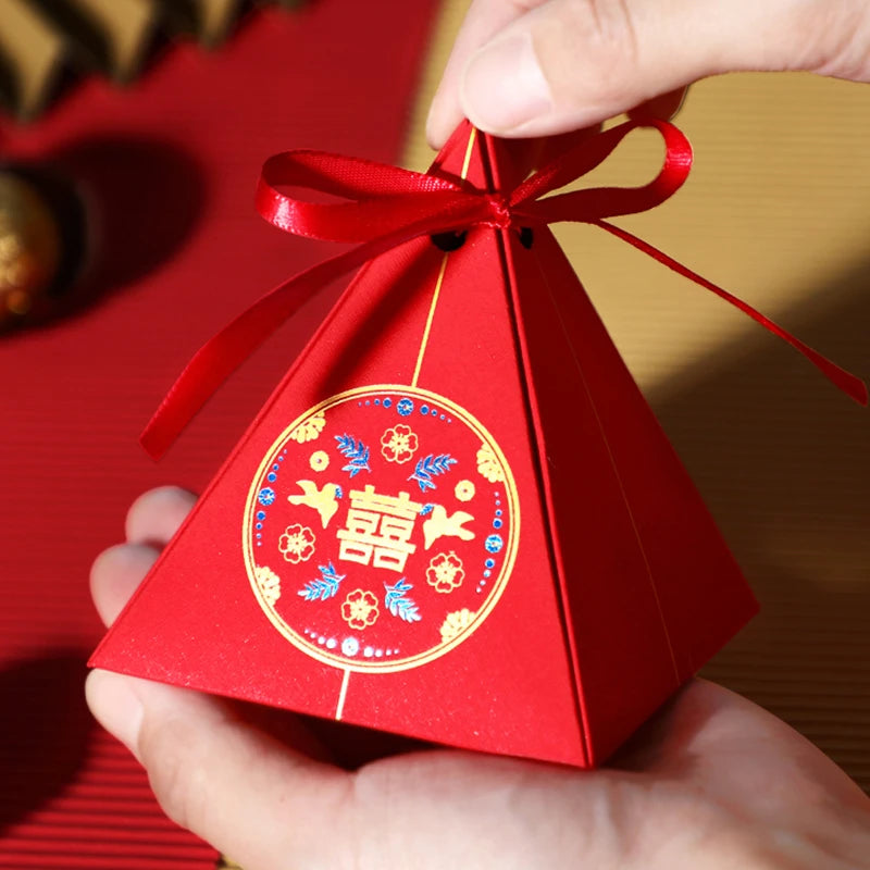 Red Triangle Bronzing Flower Wedding Boxes