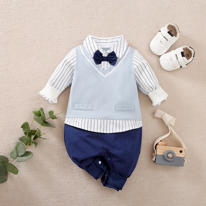 Cotton Baby Boys Romper Infant Gentleman Suit Preppy Style