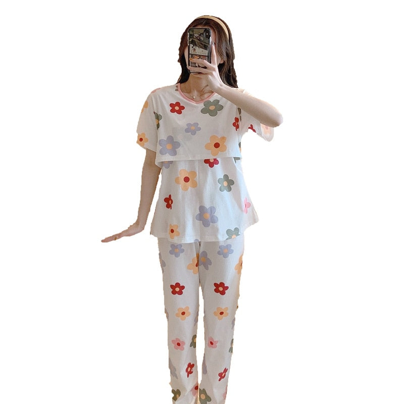 3pcs/set Maternity Pajamas Suits Print Lactation Tops+Long Sleeve Coats+Long Trousers Pregnancy Clothes Set