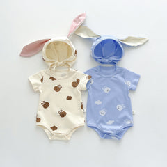 Baby Girls Boys Short Sleeve Infant Newborn Cotton Bodysuits + Bunny-shaped Hat